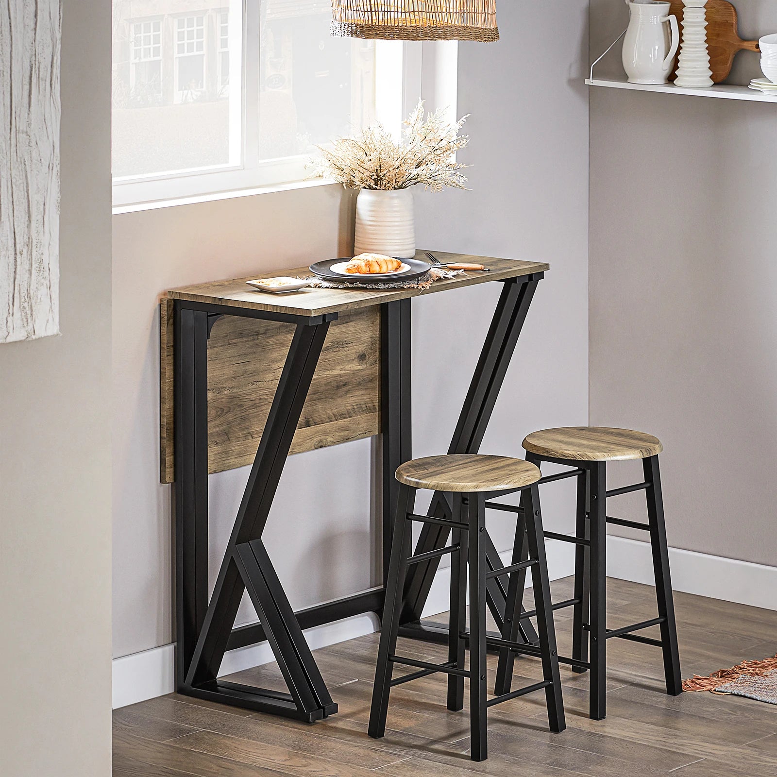 Eettafelset – Klaptafel – Stoelenset – 5-delige Eethoek – Compact – Klapblad – Metalen Frame - Khaki-beige - QUORE