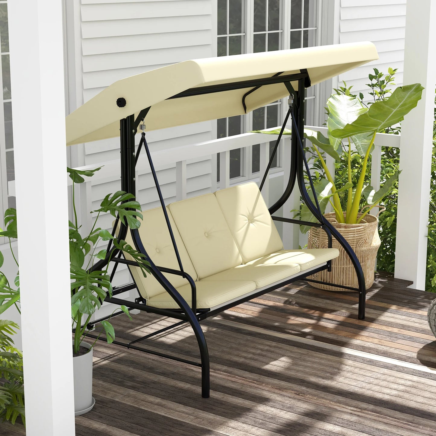 2-In-1 Tuin Schommel – 3-Zits Schommelbank – Loungestoel – Dagbed – Verstelbare Canopy – Robuust Stalen Frame – Weerbestendig Polyester