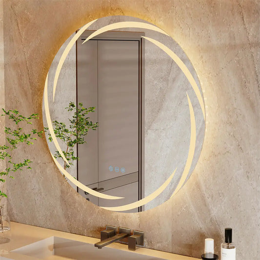 Spiegel - Badkamerspiegel - Make-upspiegel - Ronde Spiegel - met Verlichting - Wervelwind Patroon - Dimbaar - met 3 Kleuren - Anti-condens Geheugen - 20W - 4080 lm - 50/60Hz - IP44 - 80 x 80 cm - QUORE