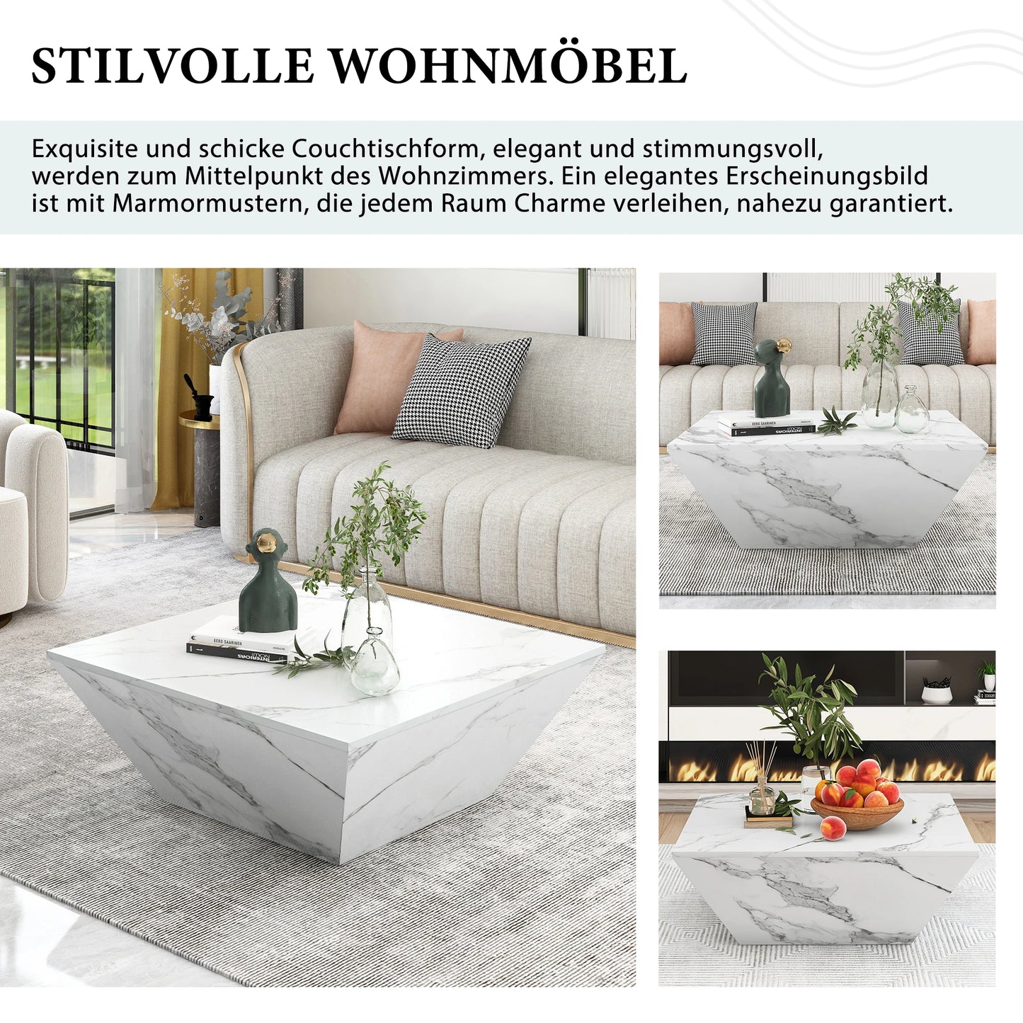 Salontafel – Koffietafel – Woonkamertafel – Tafel Met Opbergruimte – Trapeziumvormige Tafel – MDF Met Wit Marble Veneer – 2 Lades – 70x70x37 cm