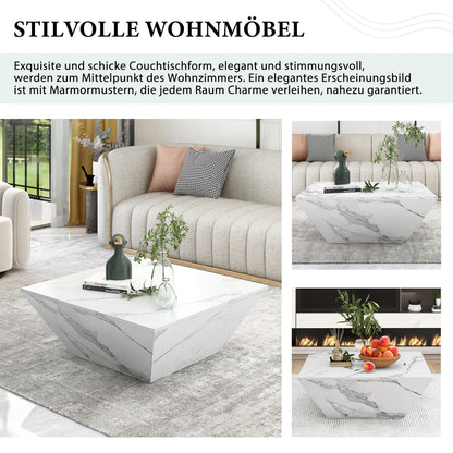 Salontafel – Koffietafel – Woonkamertafel – Tafel Met Opbergruimte – Trapeziumvormige Tafel – MDF Met Wit Marble Veneer – 2 Lades – 70x70x37 cm