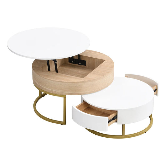 2 Piece Coffee Table Set - White &amp; Wood Color - Folding Nesting Table with 2 Drawers - Adjustable Height - Living Room