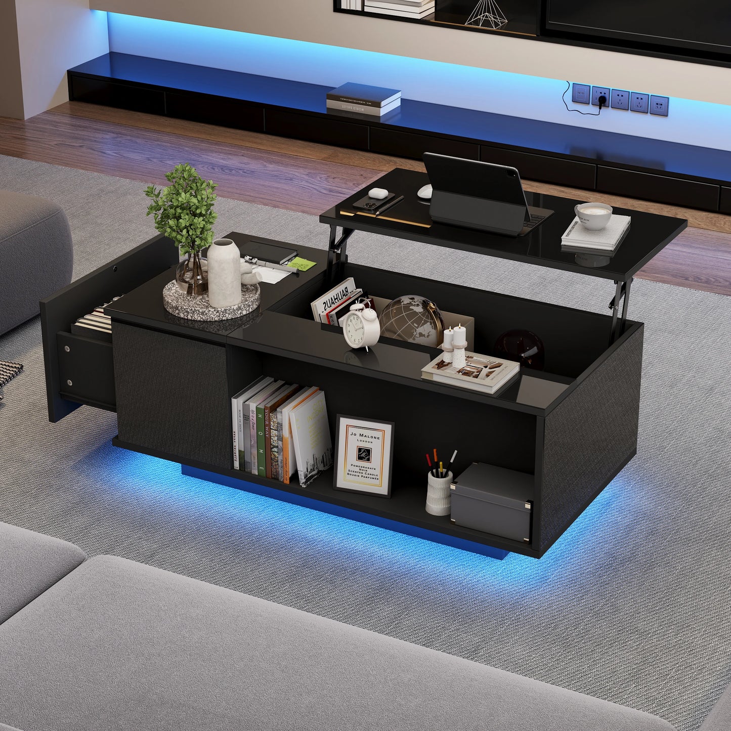 Salontafel – Koffietafel – Bijzettafel – Woonkamertafel – Tafel – Verstelbaar Hoogte – Met Verstelbare LED-verlichting en Opbergruimte – 100x50x40 cm - QUORE