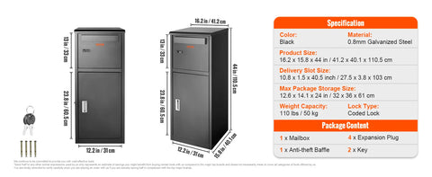 Letterbox - Parcel mailbox - Wall mailbox - Parcel box - Drop Box for postal parcels - Post Drop Box - Hanging Parcel Box - Standing Parcel Safe - Waterproof Parcel Box - 44 inch - with Coded Lock Anti-Theft Bracket for Porch Curb