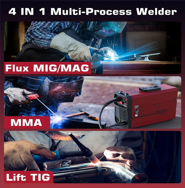 Arccaptain - Lasmachine - Elektrische lasmachine - 4 in 1 - MIG lasmachine - Draagbare Synergy Digitale Contol Welder - Gas-Less MIG MAG MMA LIFT TIG Voor Huishoudelijk Lassen - Rood