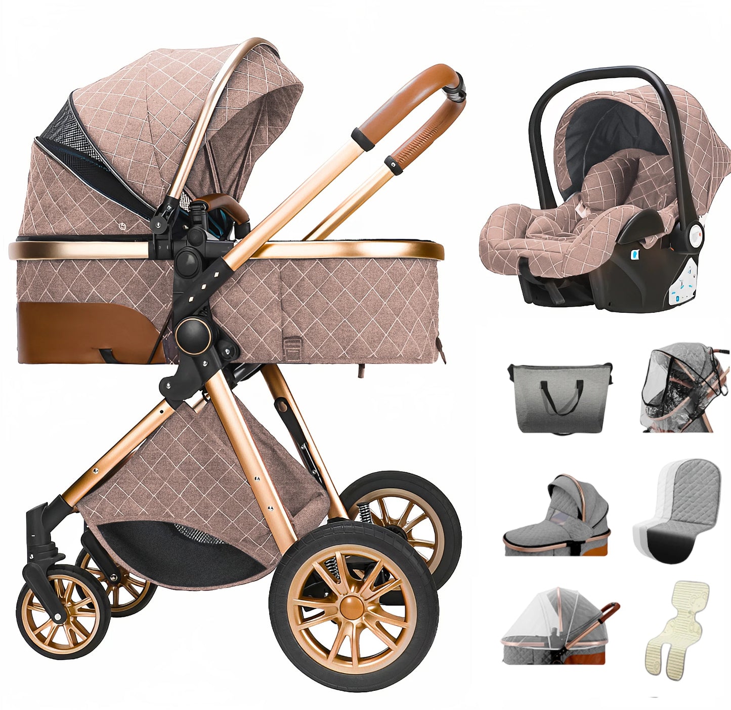 3-In-1 Kinderwagen – Reiswieg – Autostoeltje – Wandelwagen – Compact Opvouwbaar – Roestvrij Staal Frame – Geschikt Vanaf Geboorte - Khaki