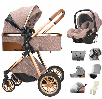 3-In-1 Kinderwagen – Reiswieg – Autostoeltje – Wandelwagen – Compact Opvouwbaar – Roestvrij Staal Frame – Geschikt Vanaf Geboorte - Khaki