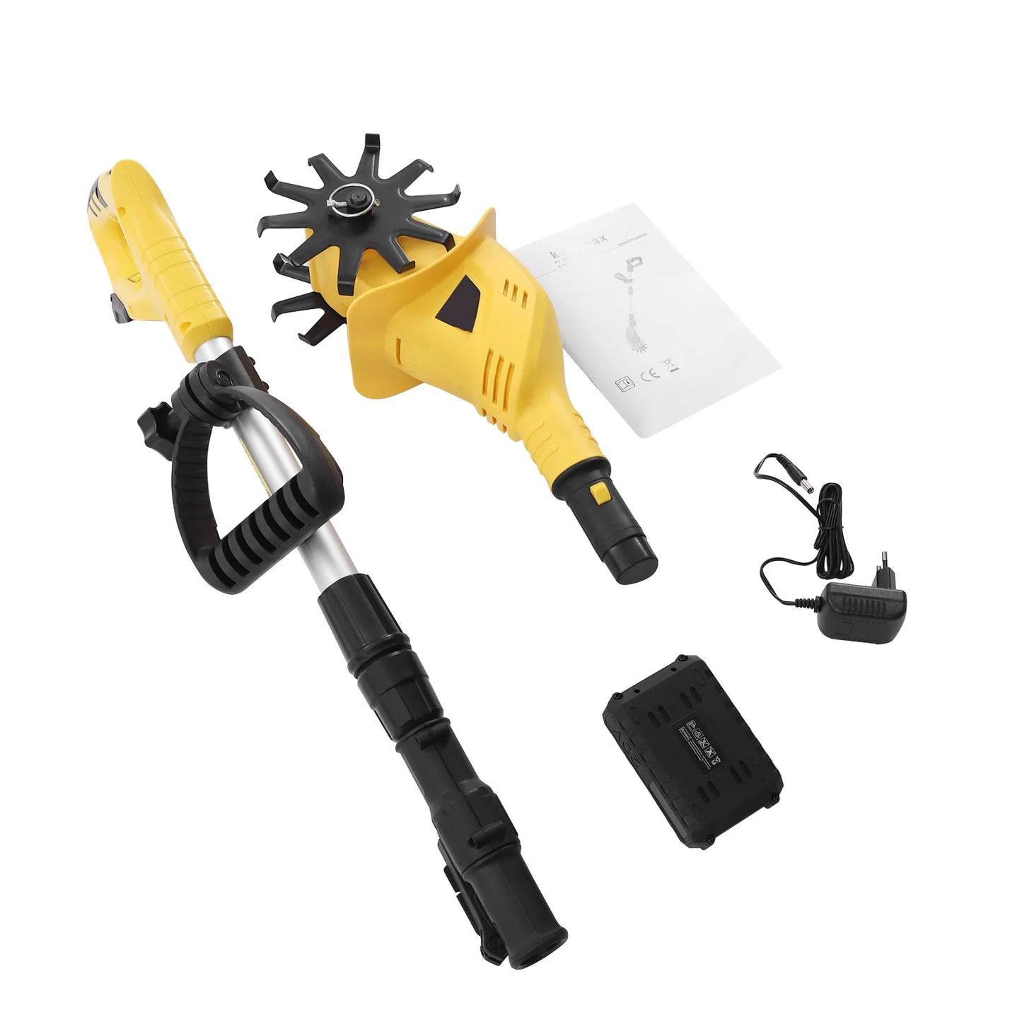 Elektrische Cultivator - Draadloze Tuincultivator - Accu Onkruidverwijderaars - Onkruidsteker - Handheld - Dubbelzijdige - met Uitschuifbare Paal - 20V - 110-240V - 250 RPM - 2000 mAh - 85 dB - Teeltbreedte 10 cm - Geel