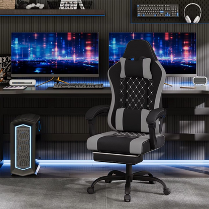 Gaming Stoel - Massage Gaming Stoel - Bureaustoel - Swivel Stoel - met Voetsteun - Hoofdsteun - Verstelbare - Rugleuning - Lendenkussen - Ergonomische - Draaibare - 70 x 70 x 127 cm - Zwart & Grijs