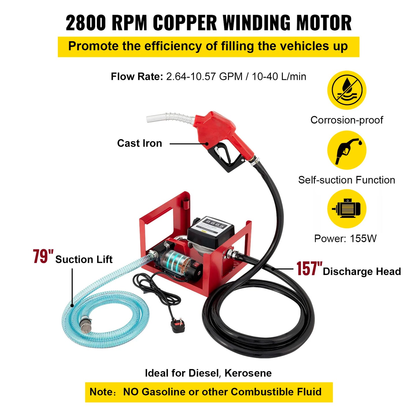 Dieselpomp - Verwarmingsoliepomp - Diesel- en brandstoftransfertpomp - 220V - 155W - 40L - 2800RPM - Olieaanzuigpomp - Zelfaanzuigend - Tellerautomatische pomp - Rood - QUORE