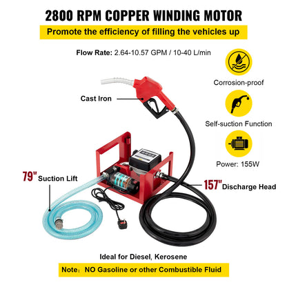 Dieselpomp - Verwarmingsoliepomp - Diesel- en brandstoftransfertpomp - 220V - 155W - 40L - 2800RPM - Olieaanzuigpomp - Zelfaanzuigend - Tellerautomatische pomp - Rood - QUORE