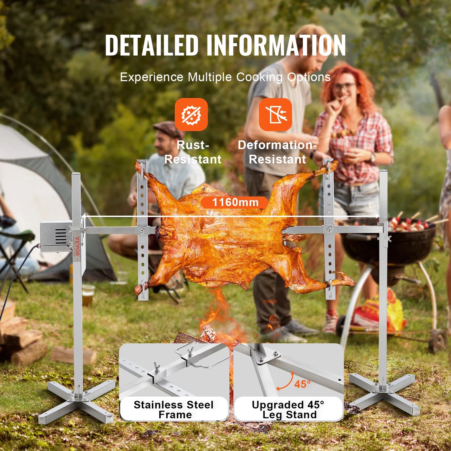 Electric BBQ - Barbecue Grill - Rotisserie Grill Kit - Braadstandaard - Automatisch - 42W Motor - Hoogte Verstelbaar - Universeel - Spitstang - Met Hitteschild - RVS - 139 x 56.5 x 84 cm - Zilver