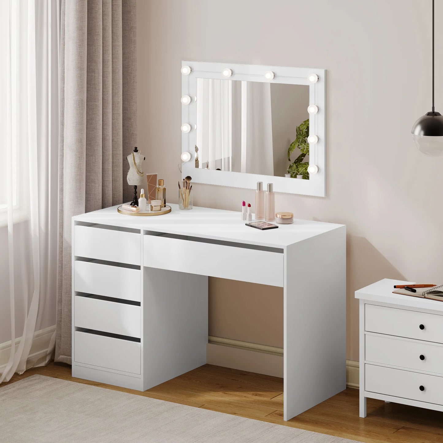 Computertafel - Bureau – Computerbureau – Studietafel – Make-Up Tafel – Hobbytafel – 5 Laden – Waterafstotend Hout - 120 x 55 x 75.4 cm - Wit - QUORE
