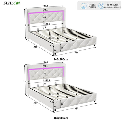 Opbergbed – Hydraulisch Bed – Gestoffeerd Bed – Bed Met Opbergruimte – Kunstleer Bekleding – LED-Verlichting - 140 x 200 - Wit