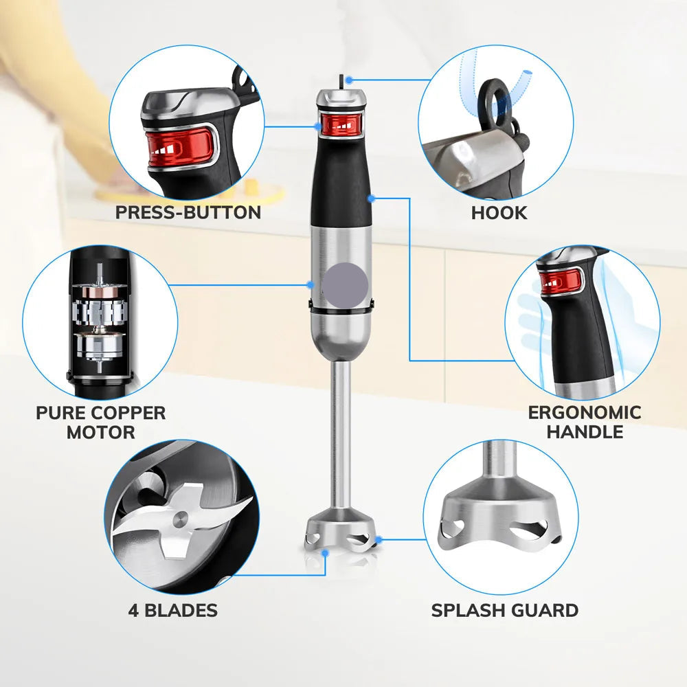 Staafmixer - 6-in-1 - 1200W - Handblender - Elektrisch - Roestvrijstalen Messen - Opzetstukken voor Kloppen - Hakken en Pureren - Foodprocessor - 18,000RPM - Zwart - QUORE