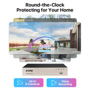 Zosi - 8VN-106W4S - Beveiligingscamerasysteem - 8CH 5MP 1080p - Binnen/Buiten - Bewakingscamera - Beveiligingscamera - Beveiligingscamerasysteem - 4 stuk - 1/4'' Color CMOS - Wit
