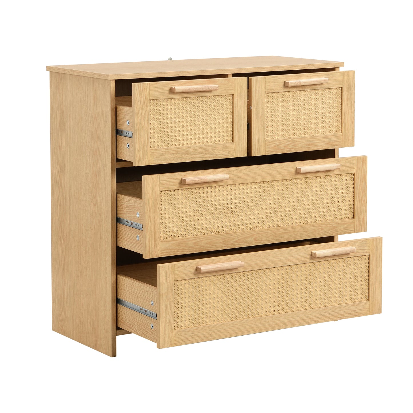 Kast – Opbergkast – Rieten Kast – Meubel – Ladenkast – MDF En Massief Hout – 4 Diepe Lades - 80 x 80 x 38 cm - Houtkleur