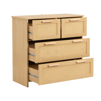 Kast – Opbergkast – Rieten Kast – Meubel – Ladenkast – MDF En Massief Hout – 4 Diepe Lades - 80 x 80 x 38 cm - Houtkleur