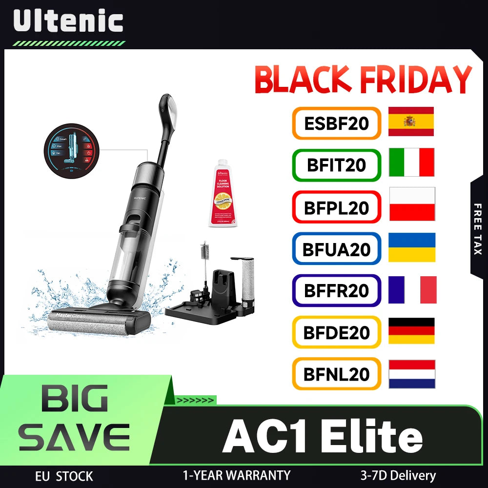 Ultenic AC1 Elite Cordless Vacuum And Mop with Self-Cleaning, 3 Cleaning Mode, Up to 50min Runtime, Smart Dirt Detection, LCD - QUORE