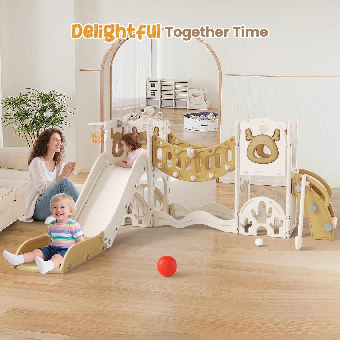 9-in-1 Speeltoestel Kinderen – Speelset Binnen – Klimrek – Glijbaan – Schommel – Basketbalring – Compact Ontwerp – Veilig & Duurzaam – Chocolade Variant