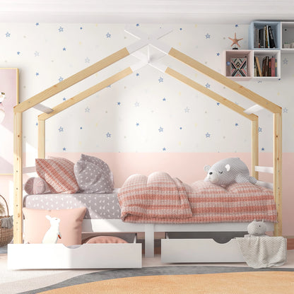 Kinderbed Huisjesvorm – Kinderbedje – Bedhuis – Speelbed – Houten Bed – Wit – 90x200 cm – Stevig Grenenhout – Met Opbergladen en Lattenbodem