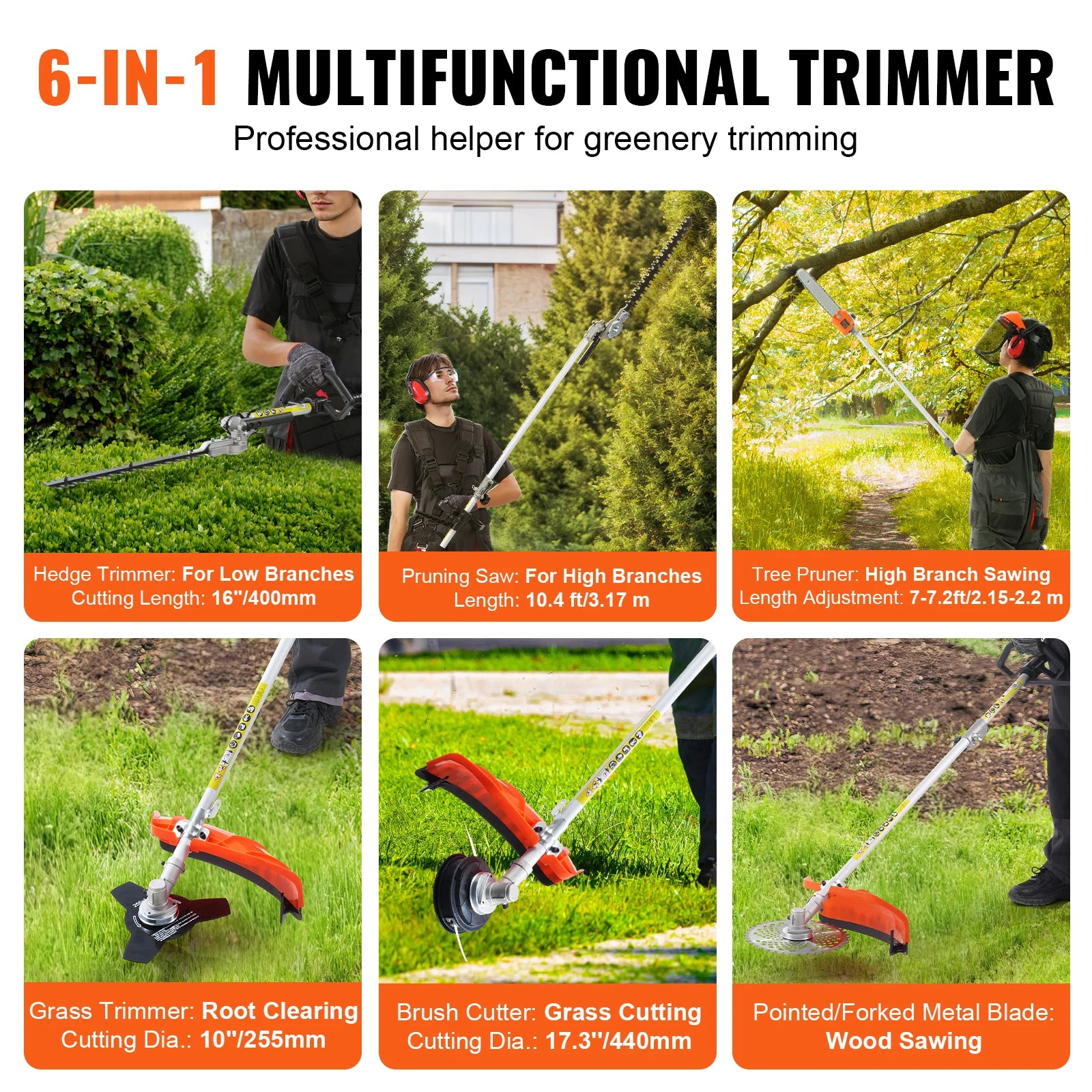 SucceBuy 52CC 6-in-1 MultiFunctional Trimming Tools Gas Hedge Trimmer Weed Eater String Trimmer Brush Cutter Edger Pole Chainsaw - QUORE
