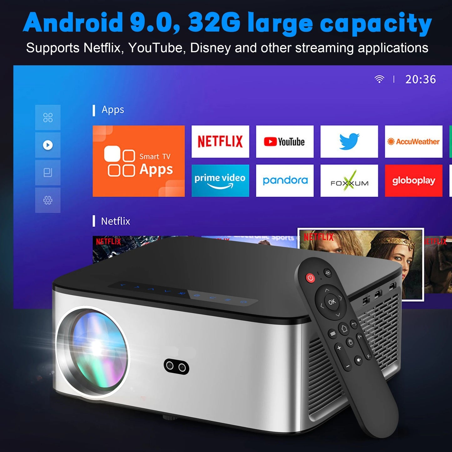 Mini Beamer - Projector - Digitale Beamer - Draagbaar - 1080P - LED - Met Autofocus - 26000LM - Android 4K Projector - 8K Video - HiFi Audio - 800 ANSI - 95W - 2.4/5GHz WiFi - Android 9.0 system - Zwart/Grijs