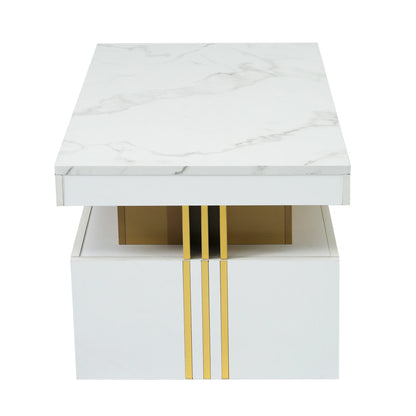 Salontafel – Sofa Tafel – Bijzettafel – Werktafel – Met 2 Ruime Lades – MDF Met Melamine Coating - 100 x 50 x 40 cm - Wit-Goud