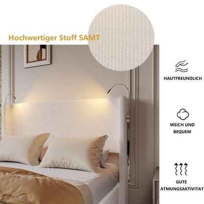 Corduroy Gestoffeerd Bed – Modern Bed – Zacht Bed – Met Hoofdeinde – Met USB Oplaadpoort – Houten Lattenbodem – Max 300 Kg - 140 x 200 cm - Beige