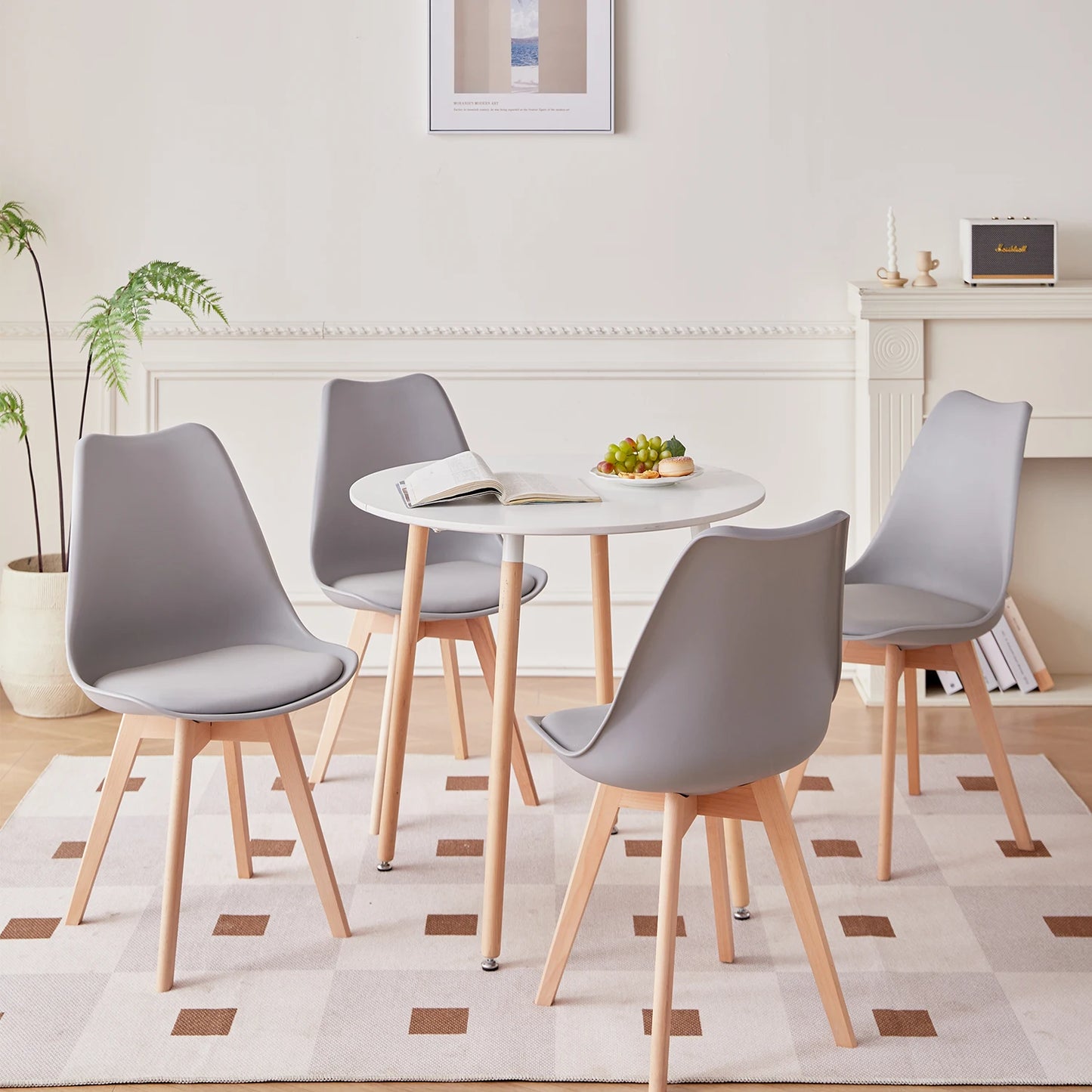 EGOONM Nordic Round Dining Table and Set of 4 Dining Chairs with PU cushion  for Dining Room Kitchen Restaurant Balcony Home