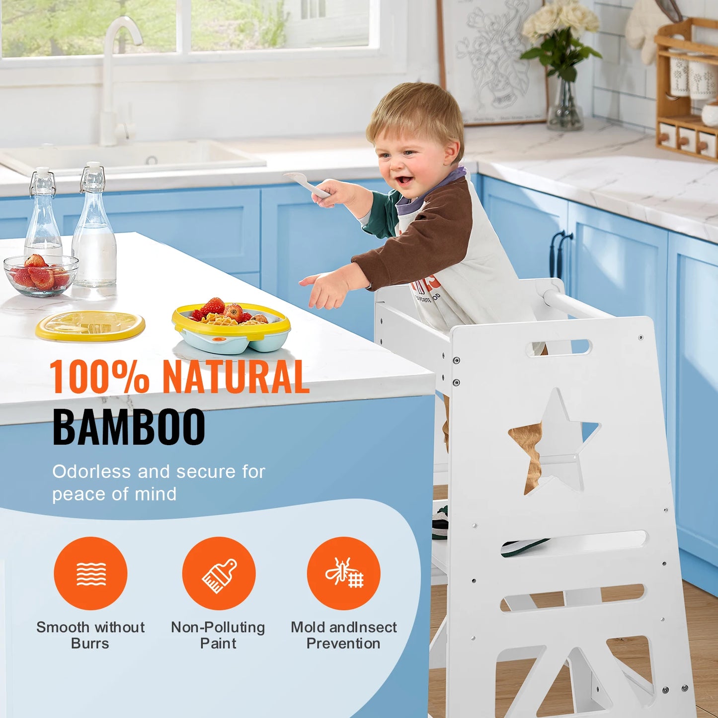 Learning Tower - Children Learning Tower - Children Step Stool - Learning Tower Kitchen Aid - Step Stool Bamboo - Height 3 levels - Adjustable - with safety rail - Kitchen Counter Bathroom