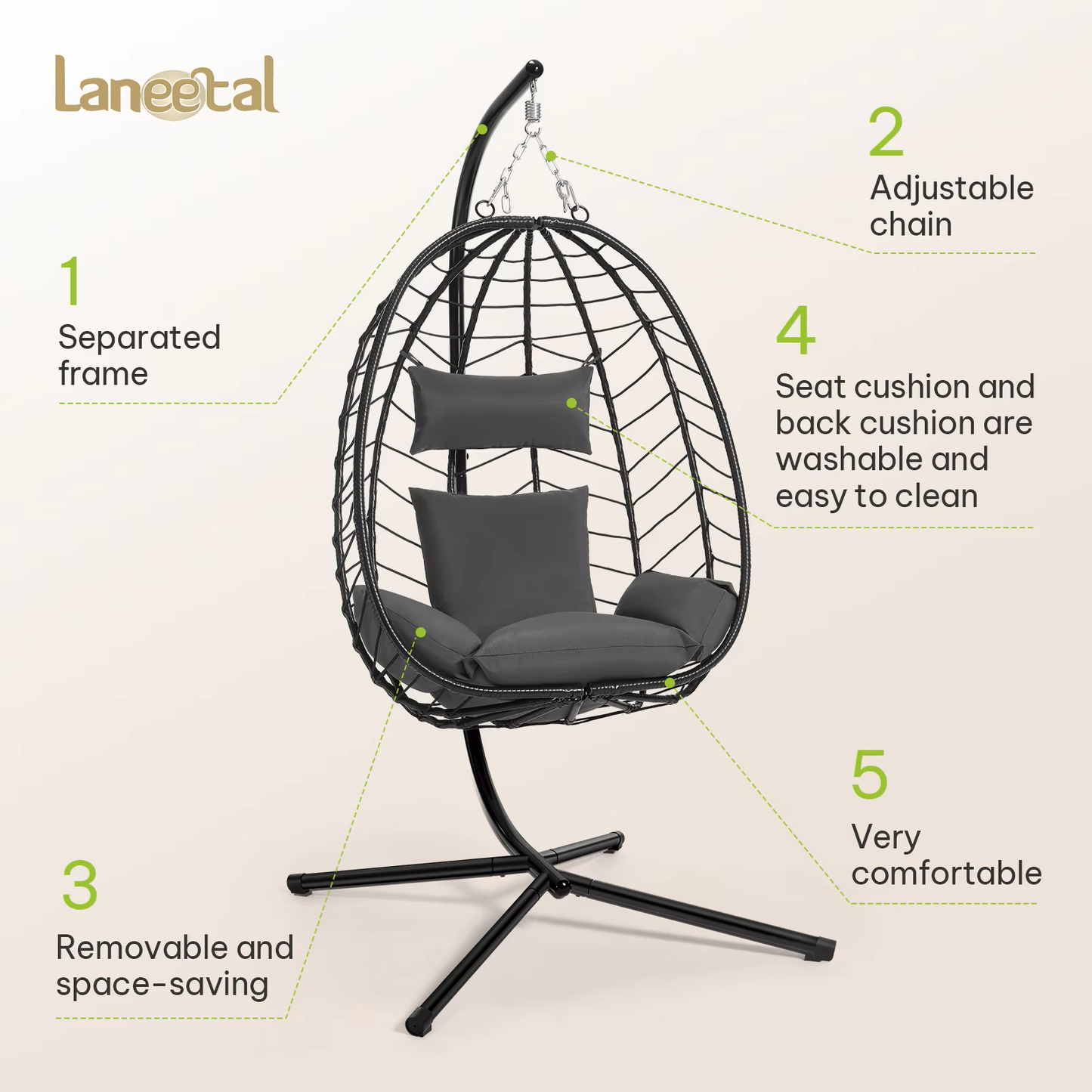 Schommelstoel - Hangende Ei-stoelen - Hangmat -Headrest - met Metalen Standaard - Zitkussen - Draagvermogen 150 kg - voor Tuin - Balkon - Terrasdecoratie - 102 x 100 x 196 cm - Donkergrijs - QUORE