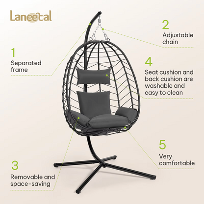 Schommelstoel - Hangende Ei-stoelen - Hangmat -Headrest - met Metalen Standaard - Zitkussen - Draagvermogen 150 kg - voor Tuin - Balkon - Terrasdecoratie - 102 x 100 x 196 cm - Donkergrijs - QUORE
