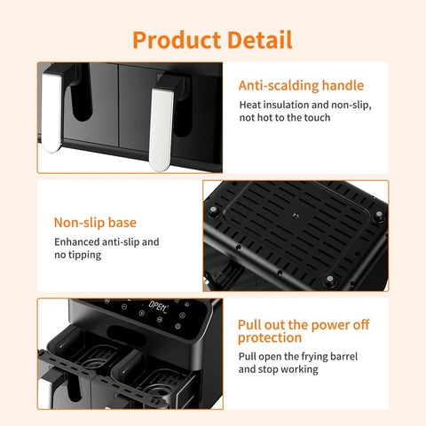 Digital Airfryer - PFAS free - Large 8 Liter - 2000W - Hot air fryer - Black - Digital screen - 6 Presets - Including height-adjustable Grill rack - Electric fryer - Intelligent electric oven without oil smoke