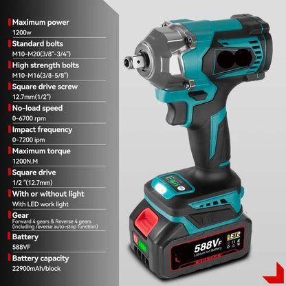 Slagmoersleutel - met Accu - Slagschroevendraaier - 1200Nm - Draadloze - Elektrische Schroevendraaier - Brushless Motor - Met LED - 3-in-1 Functie - 18V - 1/2 Inch - 2 Accu - QUORE