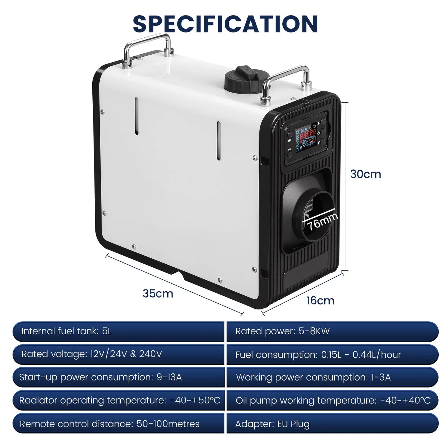 Diesel Parkeerverwarmer – Luchtverwarmer – Cabin Heater – Truck Verwarming – Mobiele Heater – 5-8 kW Vermogen – Bluetooth Bedienbaar