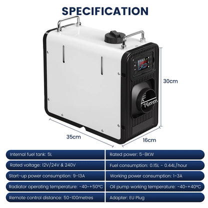 Diesel Parkeerverwarmer – Luchtverwarmer – Cabin Heater – Truck Verwarming – Mobiele Heater – 5-8 kW Vermogen – Bluetooth Bedienbaar