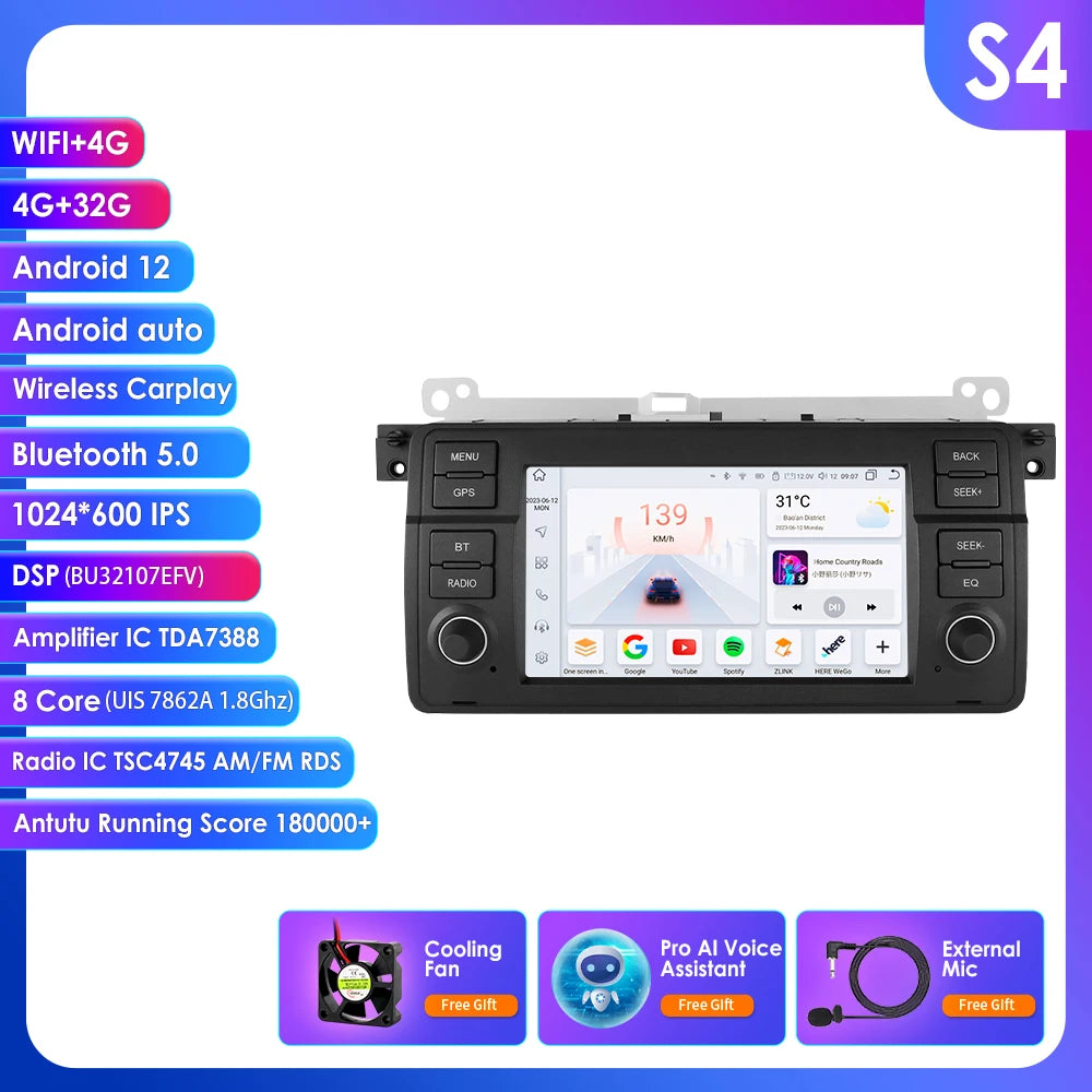 CarPlay - Multimedia Autoradio - CarPlay Scherm - Autoradio - Android Automultimedia - S4 AI - voor BMW 3-serie E46 M3 1998-2001 2002 2003 2004 2005 - AutoRadio Multimedia Videospeler