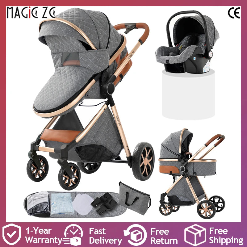 Portable 3 in 1 Baby Stroller with Bassinet and Car Seat Warm Baby Pram High Landscape Infant Pushchair Compact Folding Stroller - QUORE