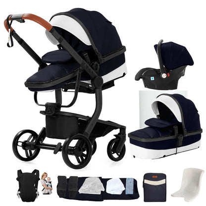 3 in 1 Baby Stroller with Leather Handle High Landscape Foldable Lightweight Pushchair Reclining Seat for Newborn to Toddler