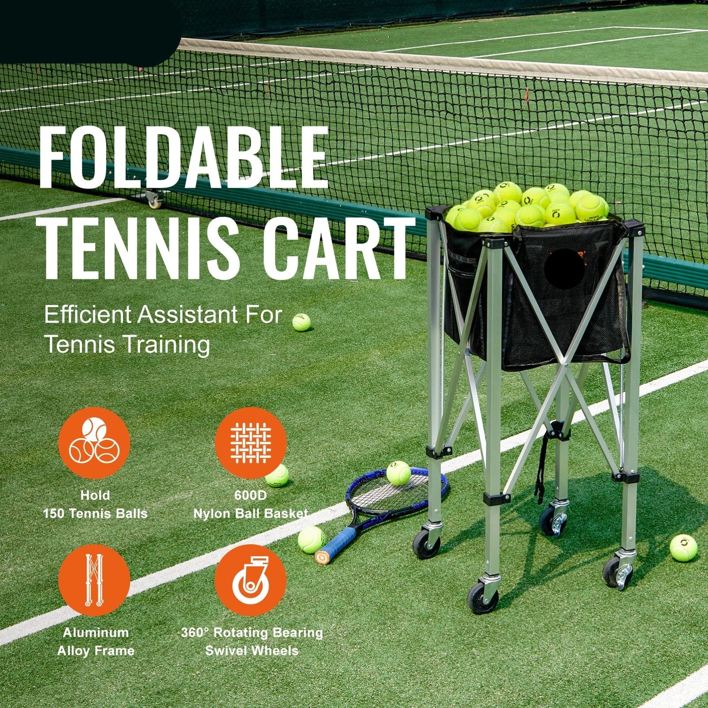 Opvouwbare Tennisbalwagen - Tennisbalkar - Ballenwagen - Ballenkar - met Wielen - en Remmen - 180 Capaciteit - Aluminium Frame - QUORE