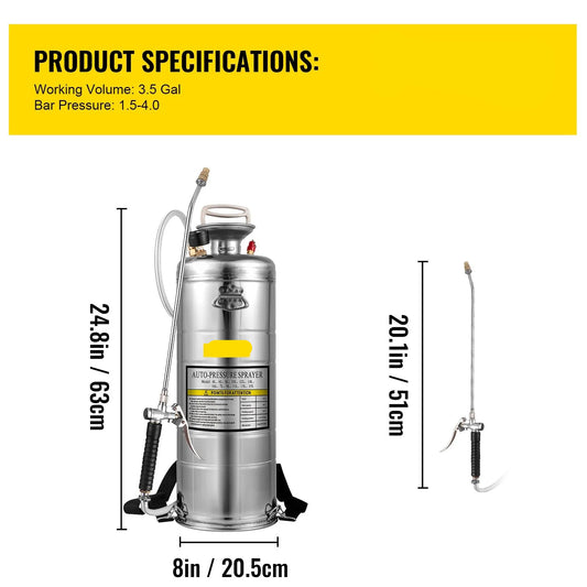 RVS Tuinsproeier - Rugspuit - Onkruidsproeier - Sproeier - Drukspuit - 12L - Handpomp - Verstelbare Messing Nozzle - voor Tuin - Reiniging - Desinfectie