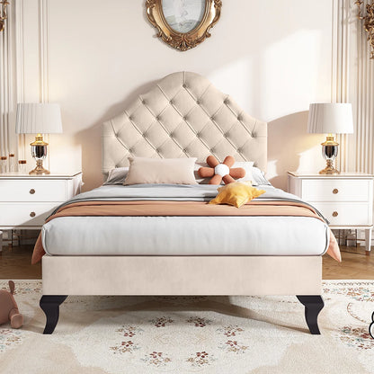 Gestoffeerd Bed – Eenpersoonsbed – Slaapbank – Lattenbodem Bed – Hoofdbord Bed – 90x200 cm – Hoog Hoofdbord Verstelbaar – Zachte Beige Velvet Bekleding - QUORE