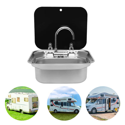 Campingwasbak – Opbouw Spoelbak – Inbouw Wastafel – Mobiele Afwasbak – Buitenkeuken Wasbak – Compact Formaat – RVS Met Glazen Deksel