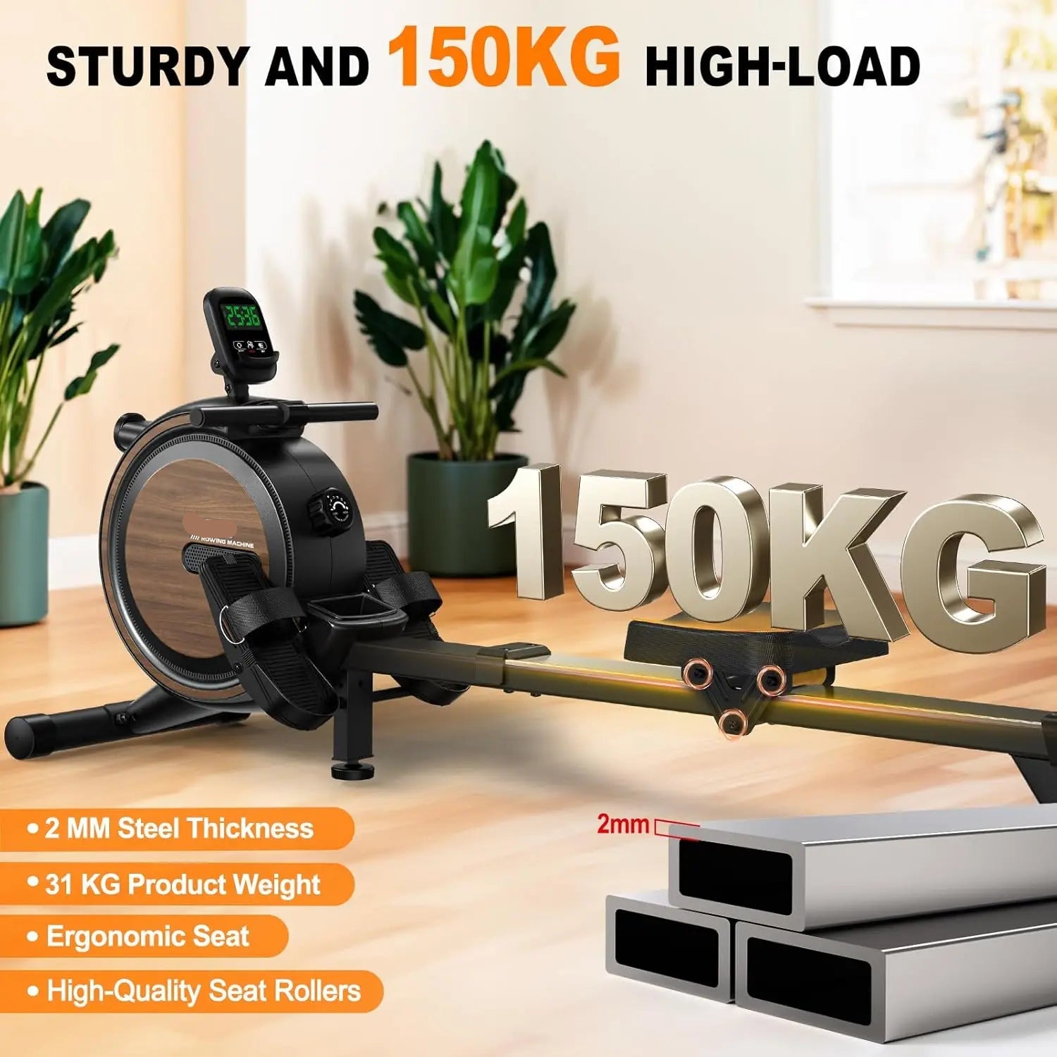 Roeitrainer – Roeimachine – Fitnessapparaat – Home Trainer – Cardio Trainer – 16 Niveaus Magnetische Weerstand – Ondersteunt Tot 150 Kg - Zwart - QUORE