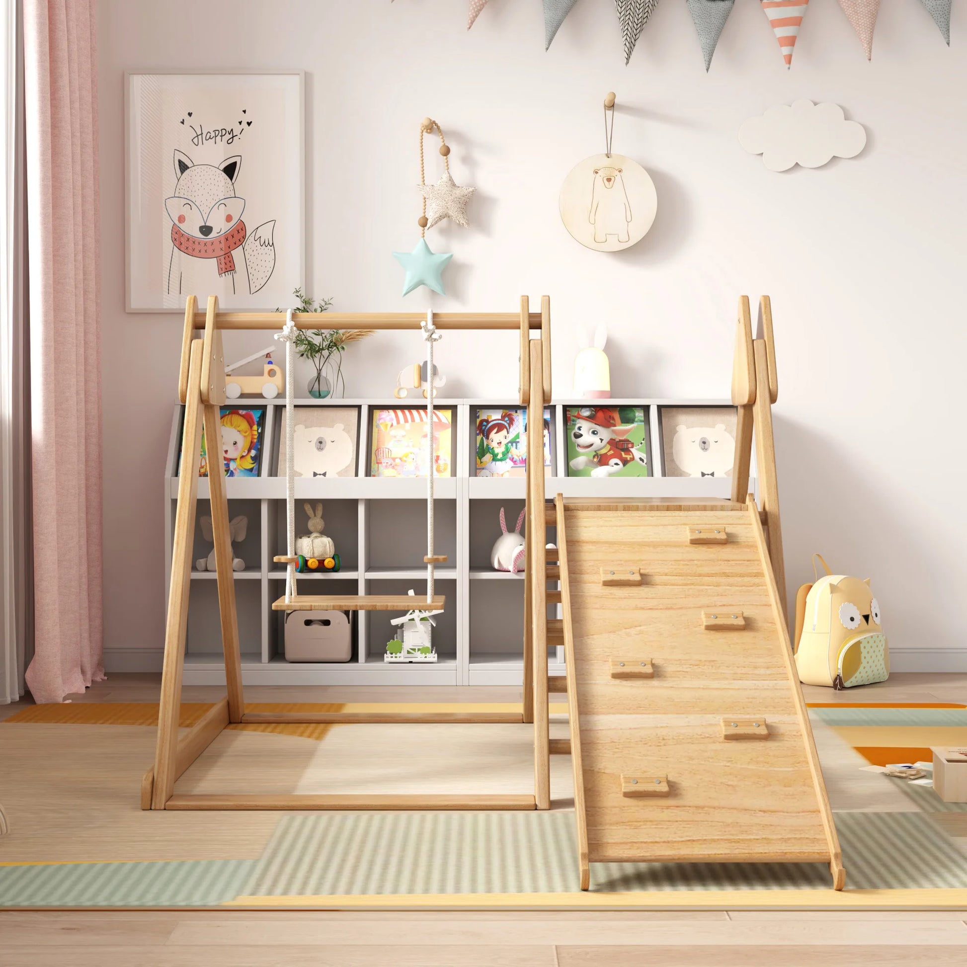 Houten Speeltoestel – Houten Klimtoestel – Houten Schommel – Kinder Speeltoestel – 3-In-1 Design – Instelbare Schommel – Antislip Platform - 124 x 174 x 110 cm - Houtkleur - QUORE