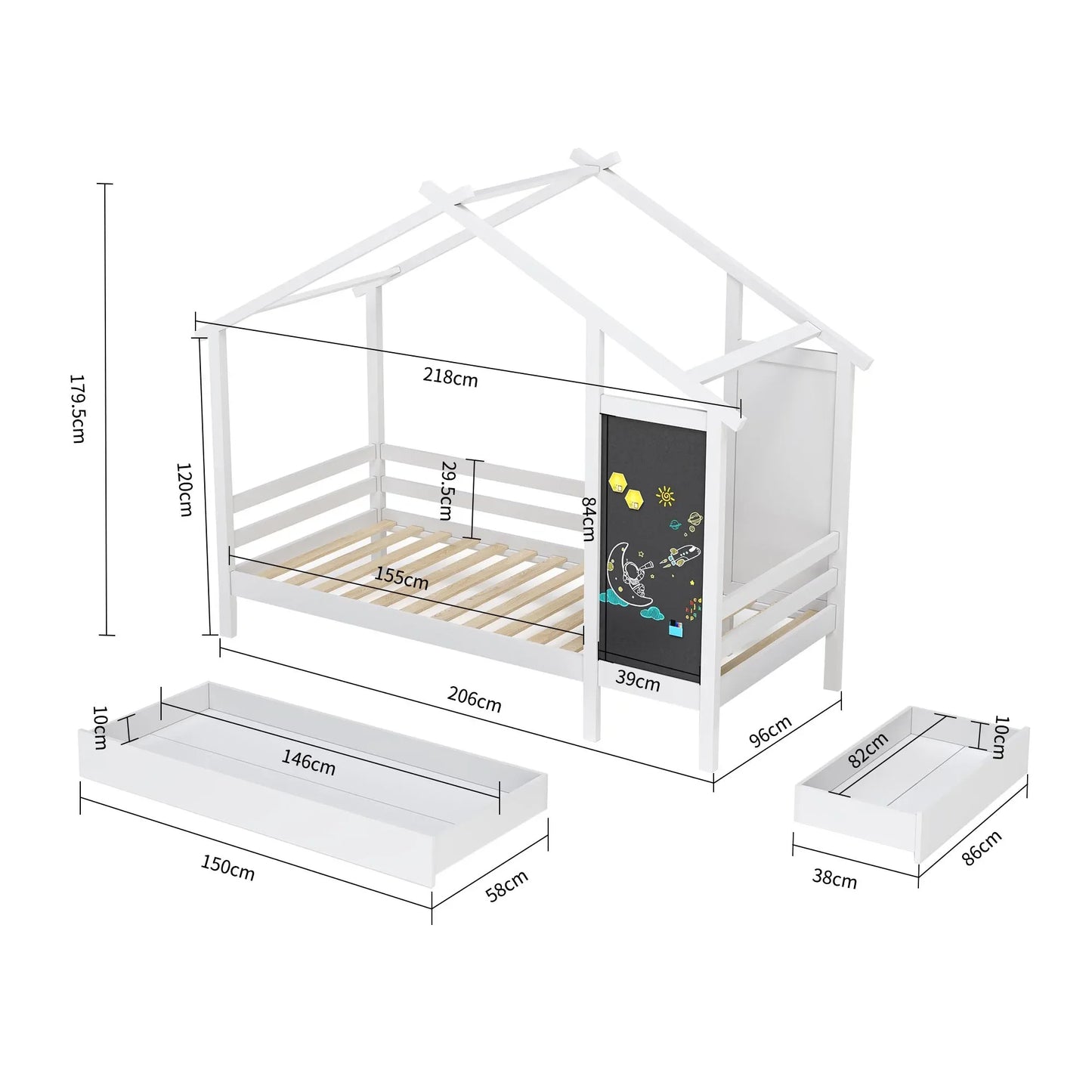 Kinderbed – Huisbed – Speelbed – Kinderhuisbed – Massief Dennenhout – 2 Opberglades – Veilig Ontwerp