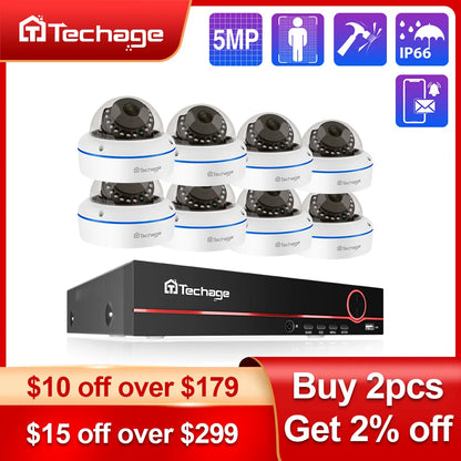 Techage H.265 8CH 5MP POE NVR CCTV System Vandalproof 5MP Indoor Dome Audio IP Camera P2P Remote Video Security Surveillance Set