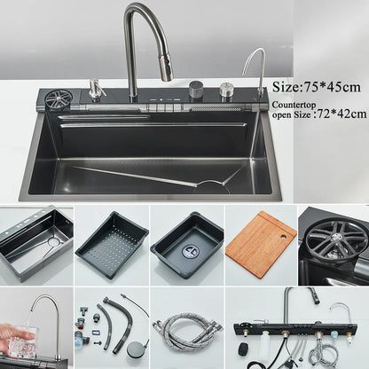 Keukenspoelbak - met Kraan - Digitaal Display - Temperatuurregeling - Waterval Waterfilter - Zeepdispenser – Grote Capaciteit - RVS - Zwart