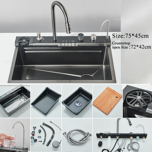 Keukenspoelbak - met Kraan - Digitaal Display - Temperatuurregeling - Waterval Waterfilter - Zeepdispenser – Grote Capaciteit - RVS - Zwart